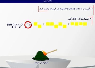 دانلود انیمیشن و فلش آزمایش تجزیه آمونیوم دی کرومات